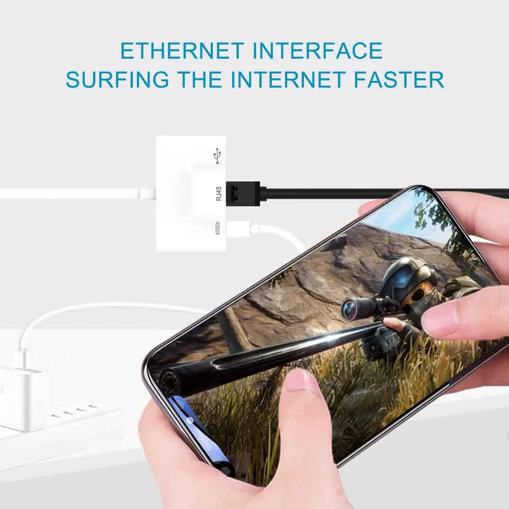 Type-C to RJ45 Ethernet OTG Adapter Wired LAN Card Ethernet USB OTG HUB HD Video Adapter - White - 7