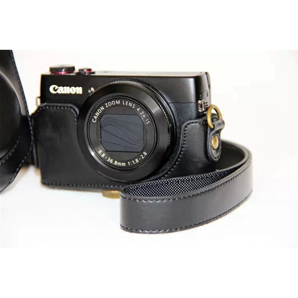 Protective Leather Camera Case with Shoulder Strap for Canon G7X - Black - 3