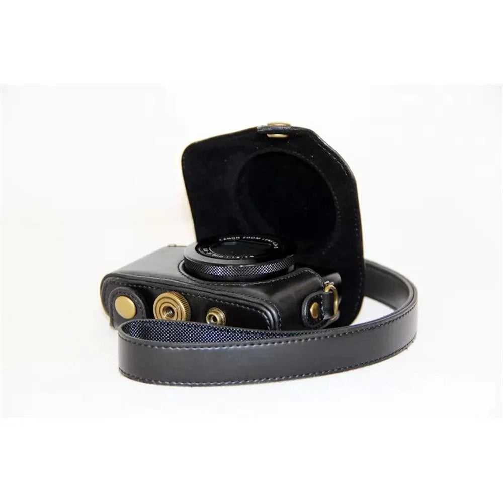 Protective Leather Camera Case with Shoulder Strap for Canon G7X - Black - 4