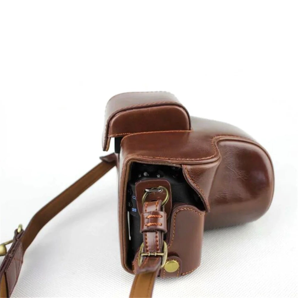 PU Leather Protective Case + Strap + Camera Lens Bag for Canon EOS M50 - Coffee - 7