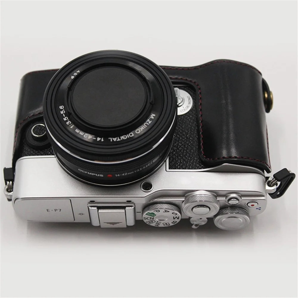 PU Leather Camera Bottom Case Protection Half Cover with Battery Opening for Olympus PEN E-P7/EP7 - Black - 7