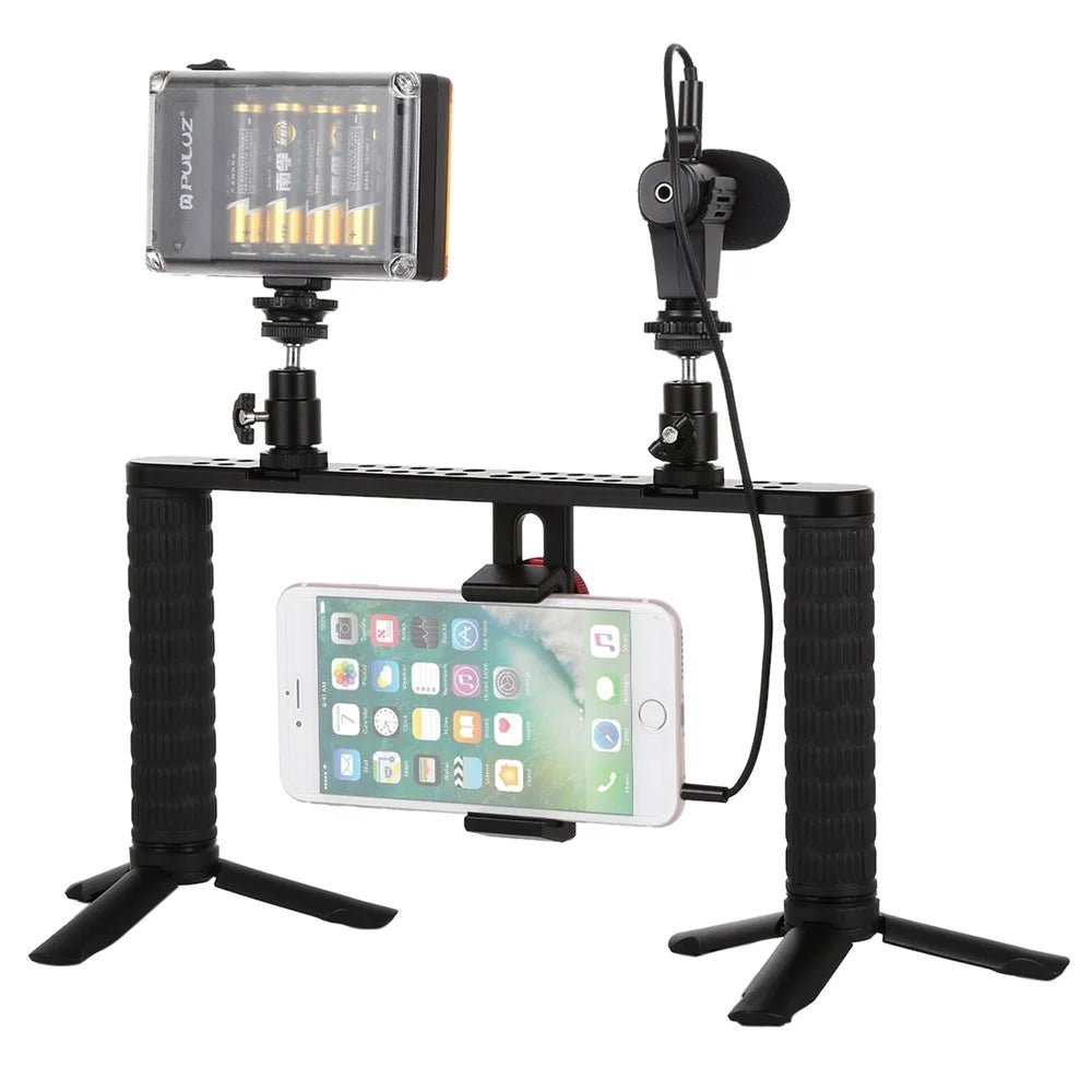 PULUZ PKT3024 4 in 1 Live Broadcast LED Selfie Light Smartphone Video Rig Handle Stabilizer Bracket Kits Microphone Tripod - 1
