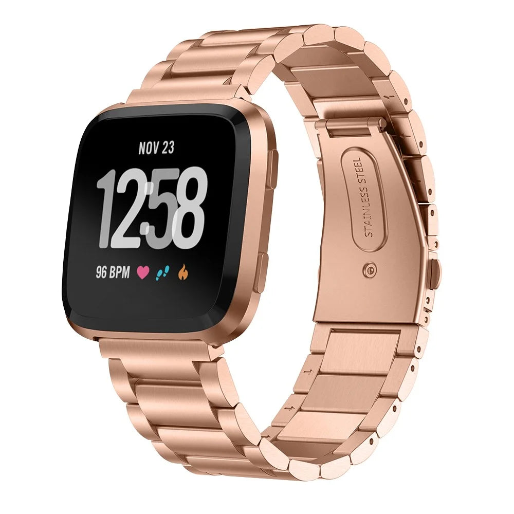 Solid Stainless Steel Watch Band for Fitbit Versa, Three-bead Wrist Strap Replacement - Rose Gold - 2