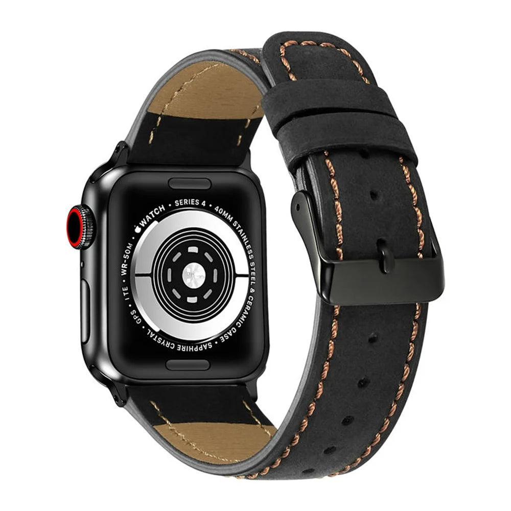 Crackle Texture Genuine Leather Watch Strap for Apple Watch Ultra 3 2 1 49mm / Series 11 10 46mm / 9 8 7 45mm / SE3 SE2 SE 6 5 4 44mm / 3 2 1 42mm - Black - 3