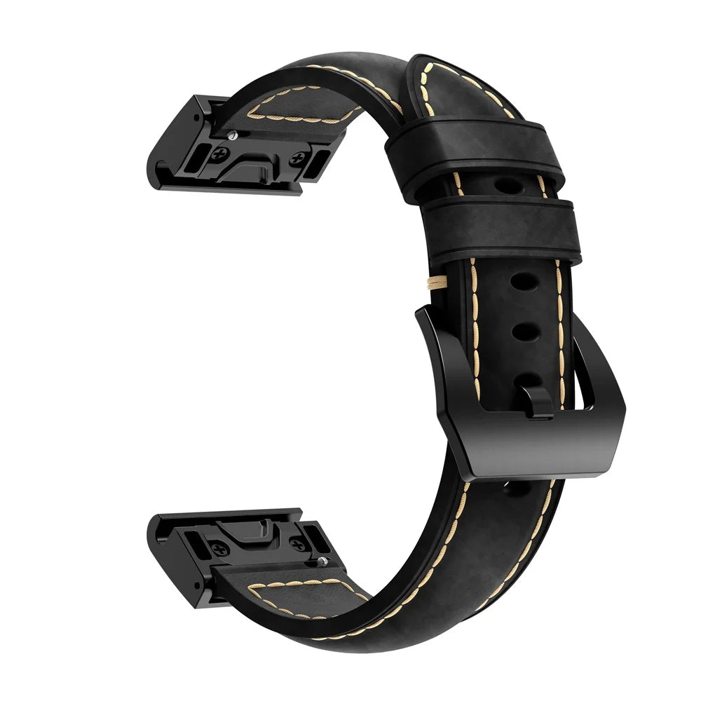 For Garmin Fenix 5X Genuine Cow Leather Watch Band Adjustable Wrist Strap Replacement - Black - 1
