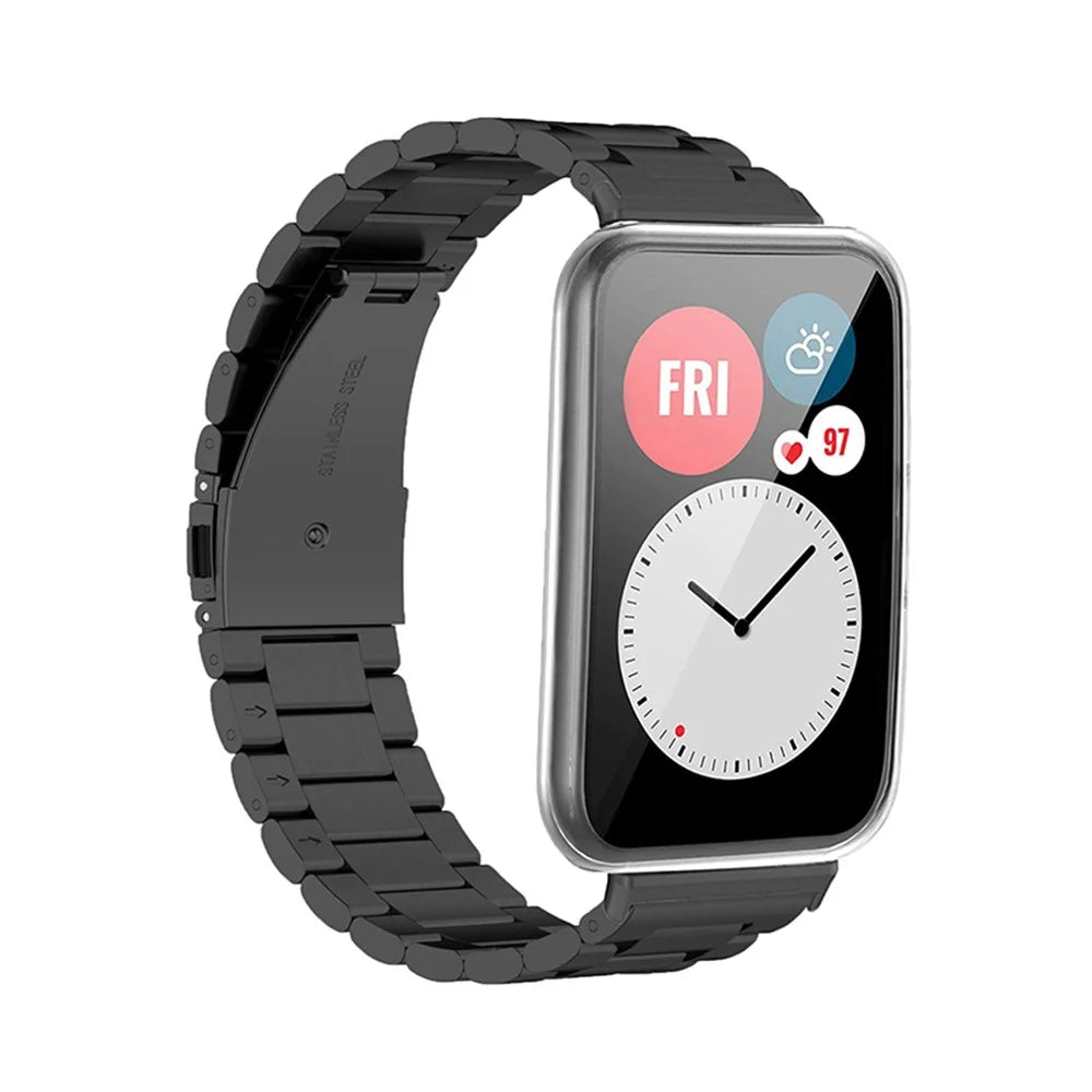 Stainless Steel Watch Strap for Huawei Watch Fit 2, Folding Buckle Three Beads Replacement Wrist Band - Black - 2