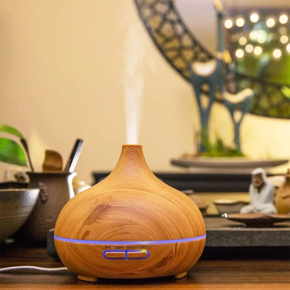 7-Color LED Light Essential Oil Mist Diffuser 300ml Wood Grain Aromatherapy Air Humidifier - Brown / EU Plug - 2
