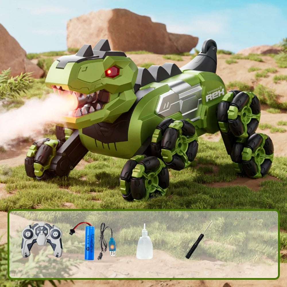 4DRC 4D-Y12 Dinosaur Shape 8 Wheels RC Car Spray Toy for Kids, Single Controller / Dual Battery - Green - 1