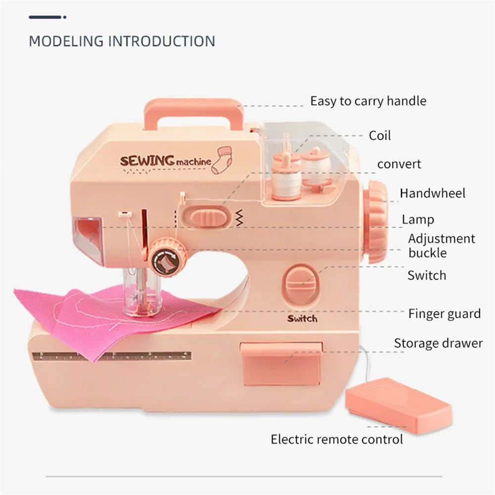7981 Children Pretend Play Sewing Machine Toy Mini Appliance Electric Sewing Machine Toy with Folding Handle/Lights - Pink - 5