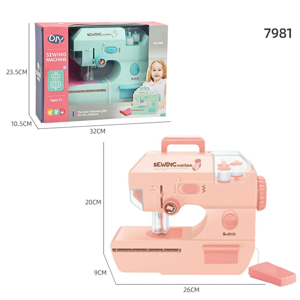 7981 Children Pretend Play Sewing Machine Toy Mini Appliance Electric Sewing Machine Toy with Folding Handle/Lights - Pink - 6