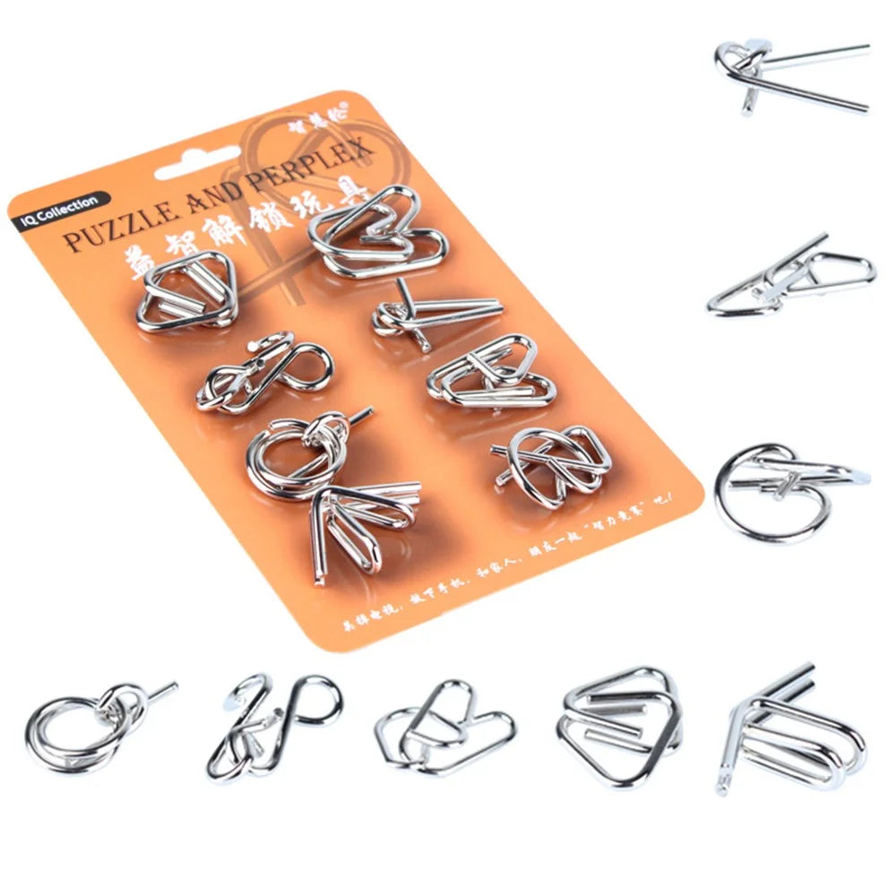 WISDOM WHEEL 8Pcs / Set Iron Wire Puzzle Intelligent Lock Brain Teaser Development Children Adult Toy - Orange - 1