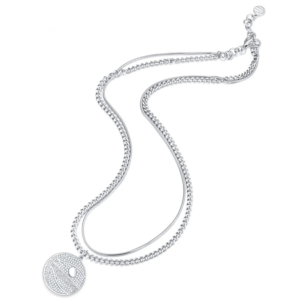 YISIXICI XL13140033 Zirconia Basketball Pendant Necklace S925 Silver Neck Jewelry (Dual Circle Chain) - Style A - 2