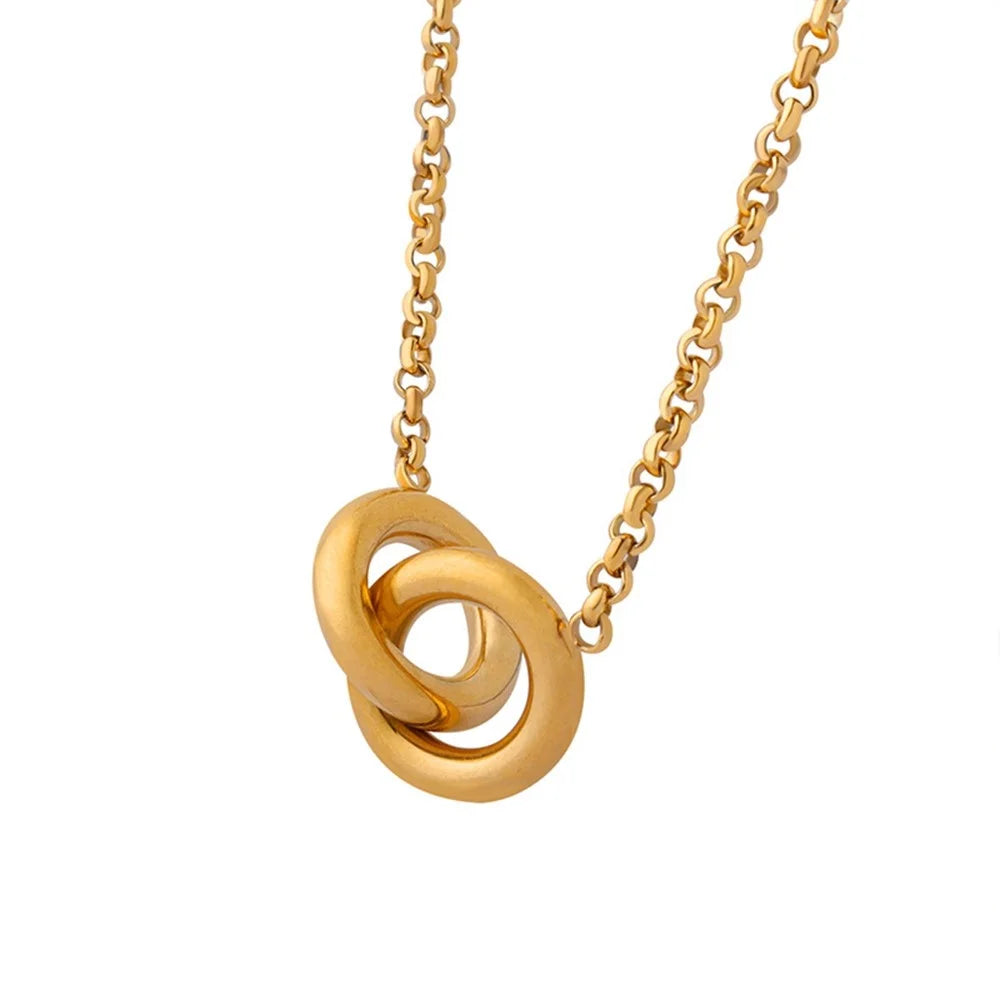 Luxury Interlocking Circles Pendant Necklace Titanium Steel Gold Plated Fashion Versatile 40+5cm Chain - 1
