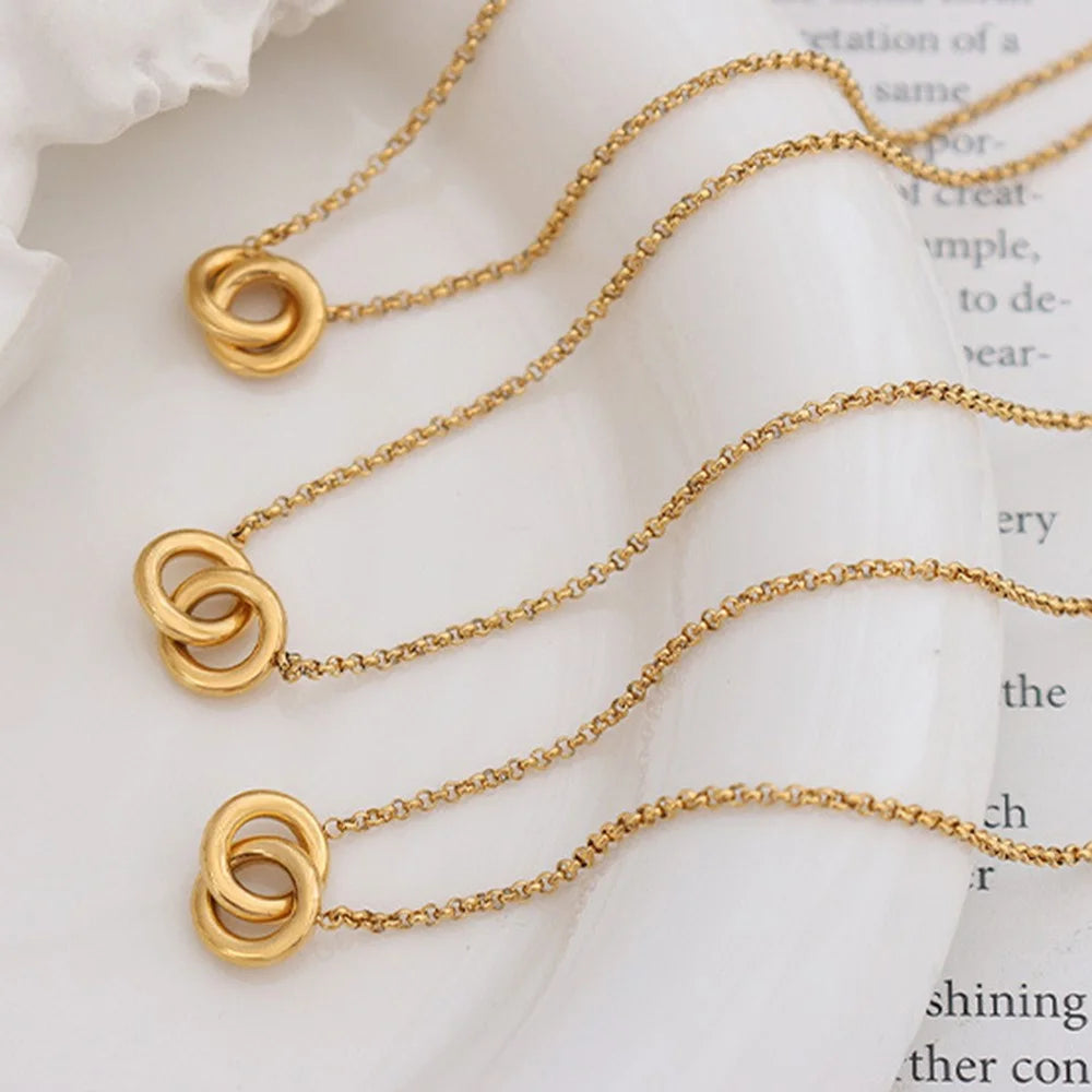 Luxury Interlocking Circles Pendant Necklace Titanium Steel Gold Plated Fashion Versatile 40+5cm Chain - 6