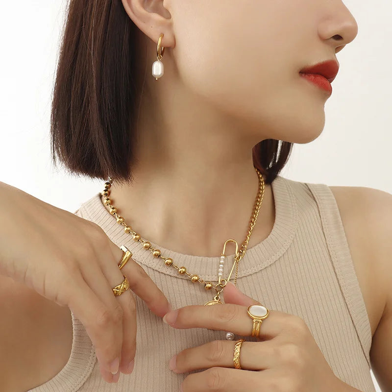18K Gold Plated Small Hoop Pearl Earrings French Vintage Titanium Steel Geometric Drop Dangle Earrings - 2