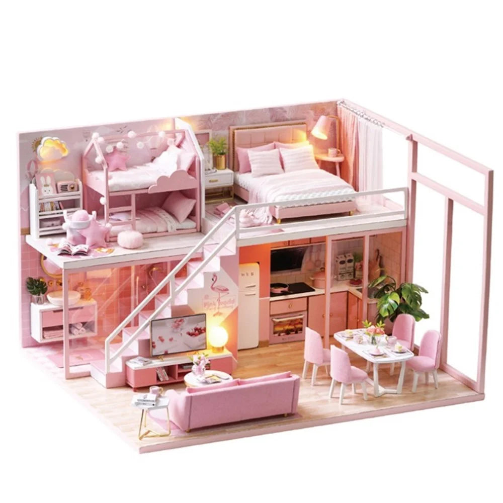 Wooden Miniature Dollhouse Tiny House DIY Hand Assembled Doll - 1
