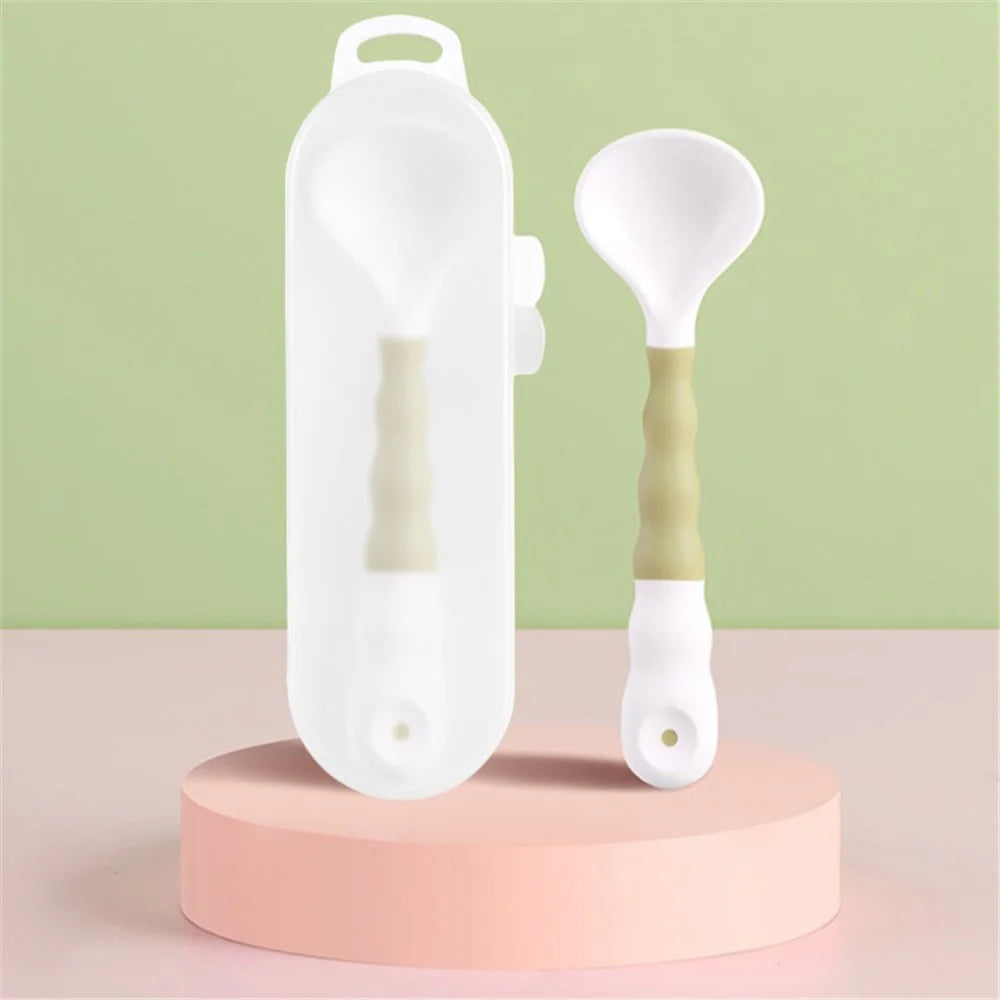 Baby Feeding Training Spoon Toddler Self-Feeding Learning Tableware Ergonomic Design Utensils with Travel Safe Case (BPA-Free, without FDA Certification)- White - 1