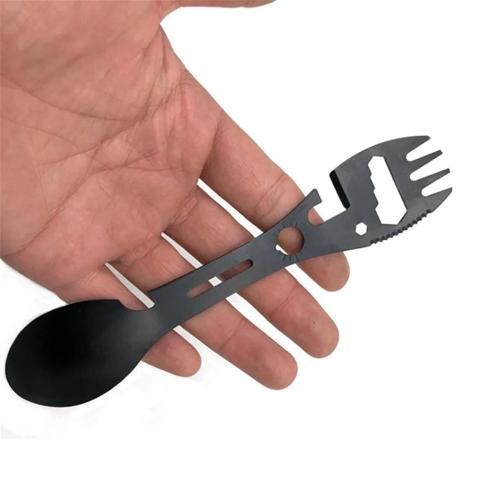 10-In-1 Multifunctional Spoon Fork Bottle Opener Wrench Picnic Spoon Knife for Outdoor Hiking Camping (NO FDA Certification) - Black - 1