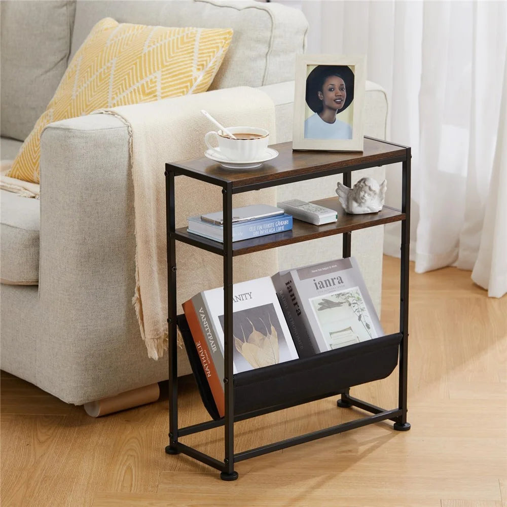DULCII Metal Frame Wooden Magazine Organizer Table with Fabric Pocket for Home Office, 40 x 16.7 x 55cm - Rustic Brown - 4