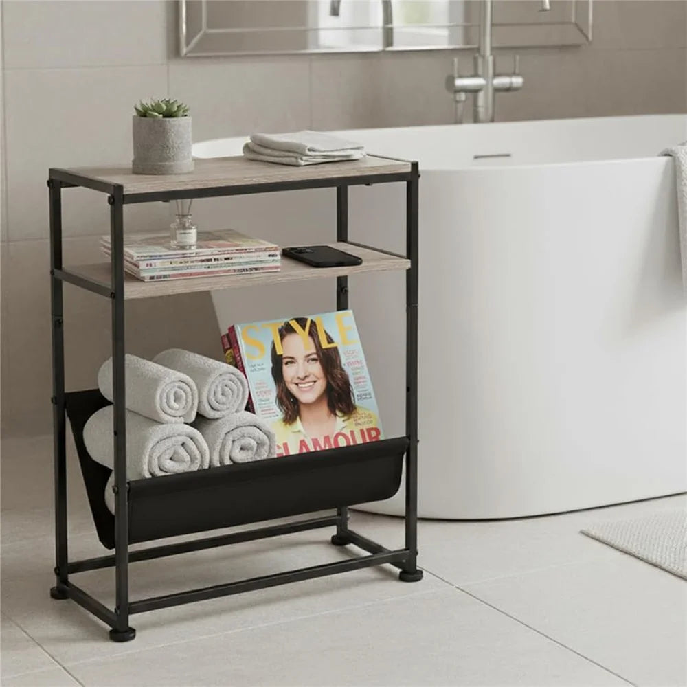 DULCII Metal Frame Wooden Magazine Organizer Table with Fabric Pocket for Home Office, 40 x 16.7 x 55cm - Oak - 6