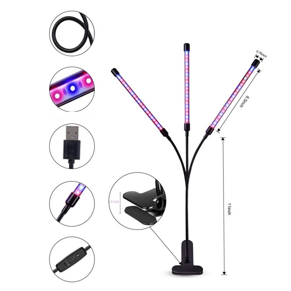 3-Head Grow Light 60 LED Light Bulb Plant Growing Lamps with Adjustable Arm Auto ON/Off Intelligent Timing 10 Levels Brightness for Indoor Plants - 6