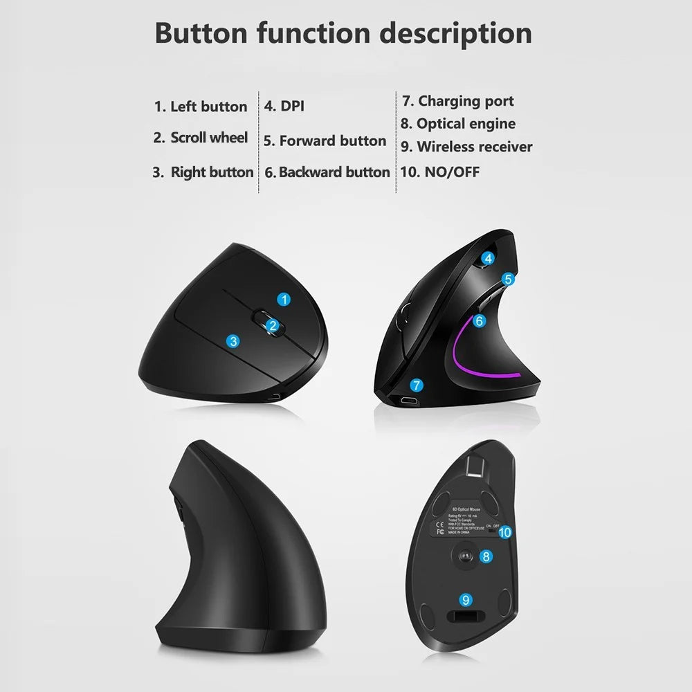2.4G Wireless Vertical Mouse Rechargeable Mouse with 3 Adjustable DPI Levels and Auto Sleep - Black - 2