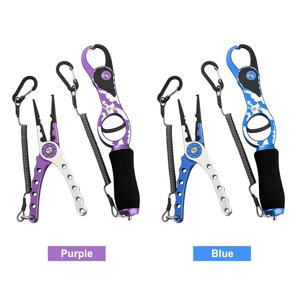 Fishing Pliers Lip Gripper Set Aluminum Alloy Fish Holder Fishing Scissors with Lanyards - Blue - 5