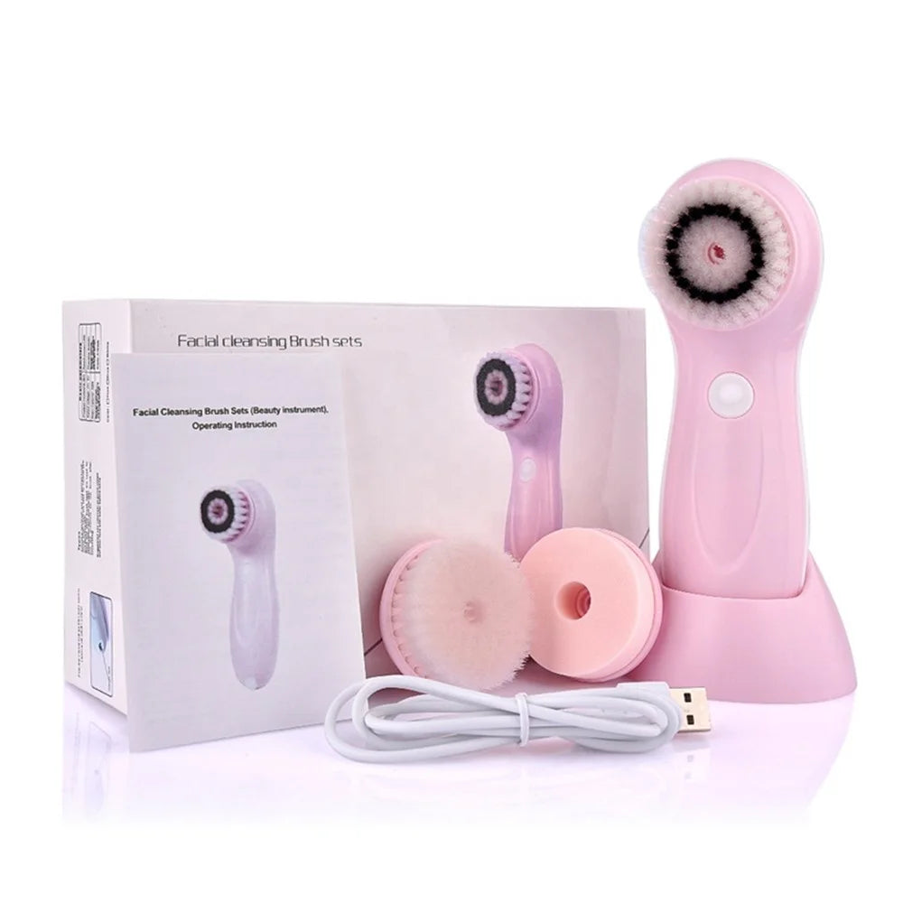 360 Degree Facial Cleansing Brush 2 Speed Levels Waterproof Face Cleaning Brush with Replacement 3 Brush Heads - Pink - 4