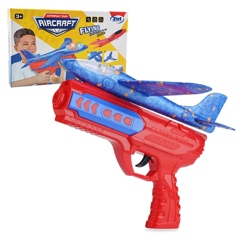 ML888-21S Children Foam Airplane Toys with Launcher Lightweight Foam Glider Catapult Plane Toy Outdoor Flying Toys for Kids - Blue Plane / Red Gun - 2