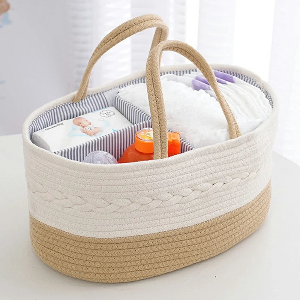 Baby Diaper Caddy Organizer Cotton Rope Portable Nursery Storage Basket, 38x25x17cm - Brown - 1