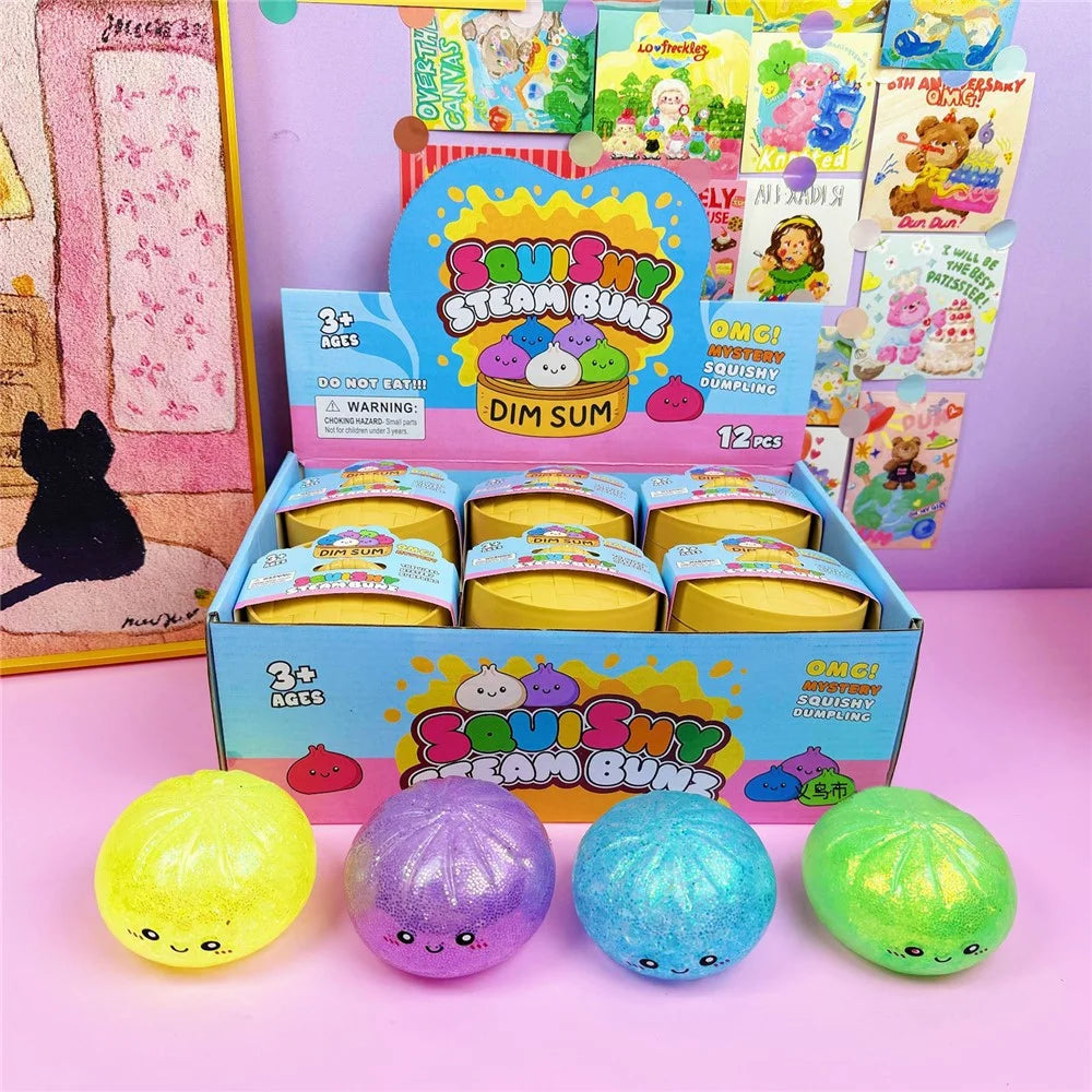 12Pcs  /  Box Glitter Face Style Squishy Bun Shape Stress Balls with Steamer Box Stress Relief Toys Squeeze Toys for Kids Adult - 1