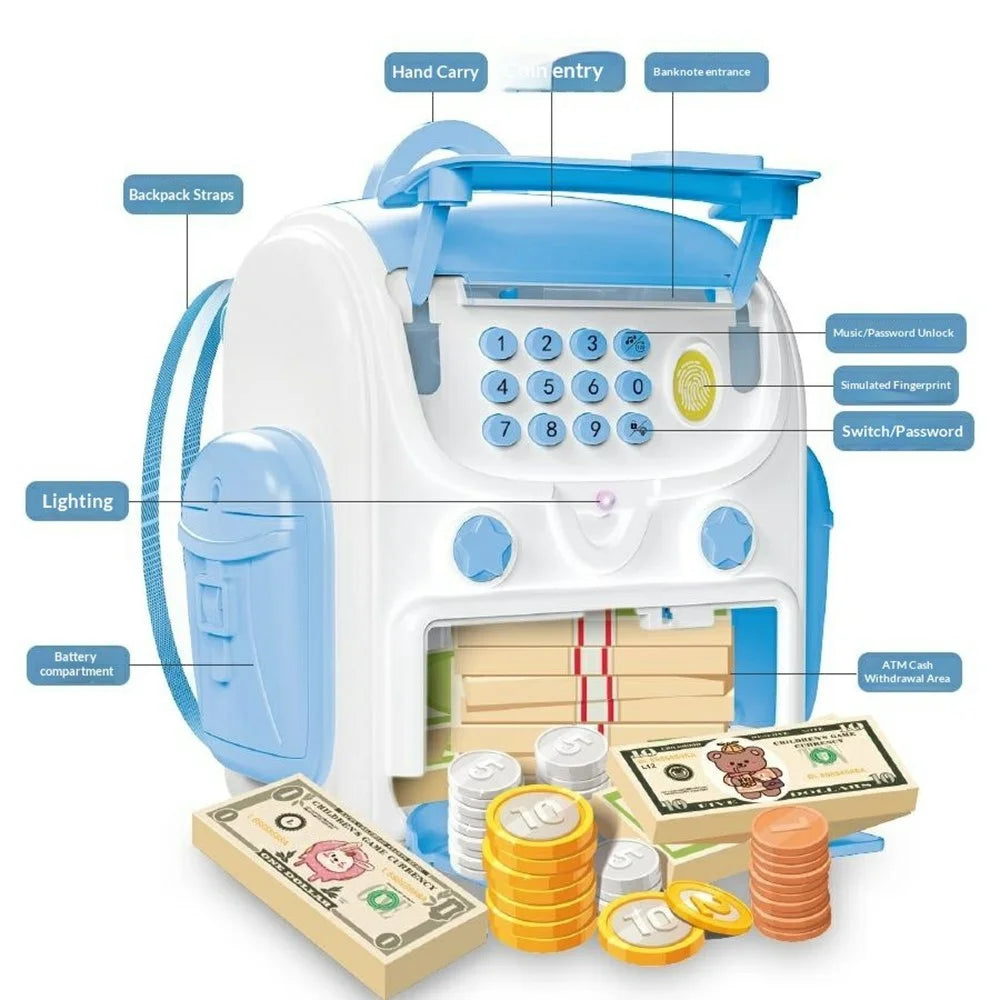 23529A / B Kids Backpack Piggy Bank Toy Auto-Roll Money Fingerprint ATM Musical Savings Box Gift with Password Lock for Children - Pink - 3