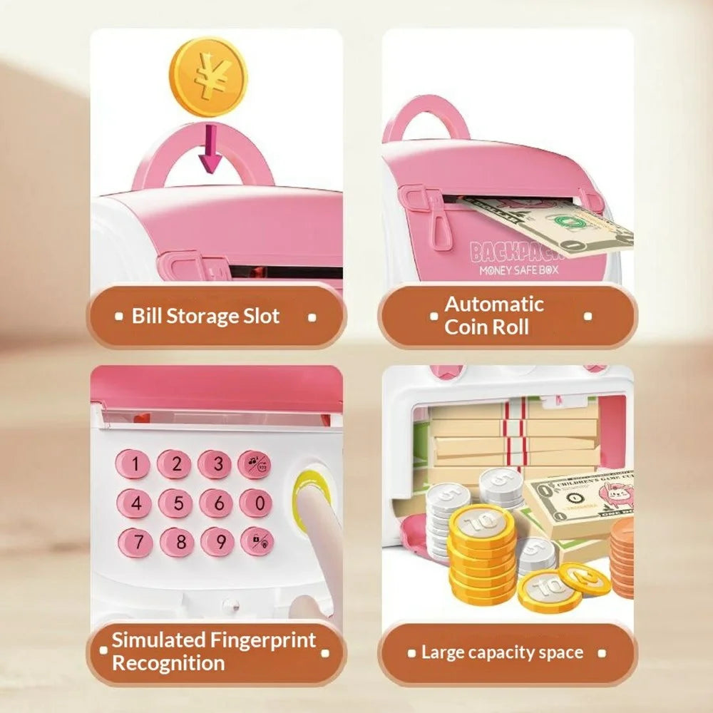 23529A / B Kids Backpack Piggy Bank Toy Auto-Roll Money Fingerprint ATM Musical Savings Box Gift with Password Lock for Children - Pink - 5