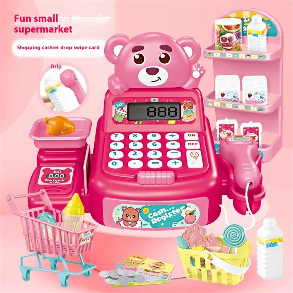 Kids Toy Cash Register Playset Pretend Children Supermarket Checkout Toy for Toddlers - JJT821 Pink Bear - 2