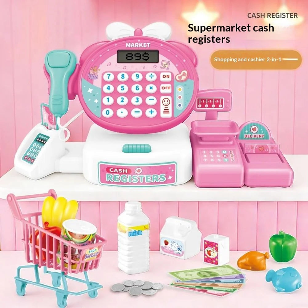 JJT912B Kids Pretend Play Cash Register Supermarket Shopping Cart Cashier Toy Set with Sound Light Calculator Function - Pink / Shopping Cart Accessories - 2