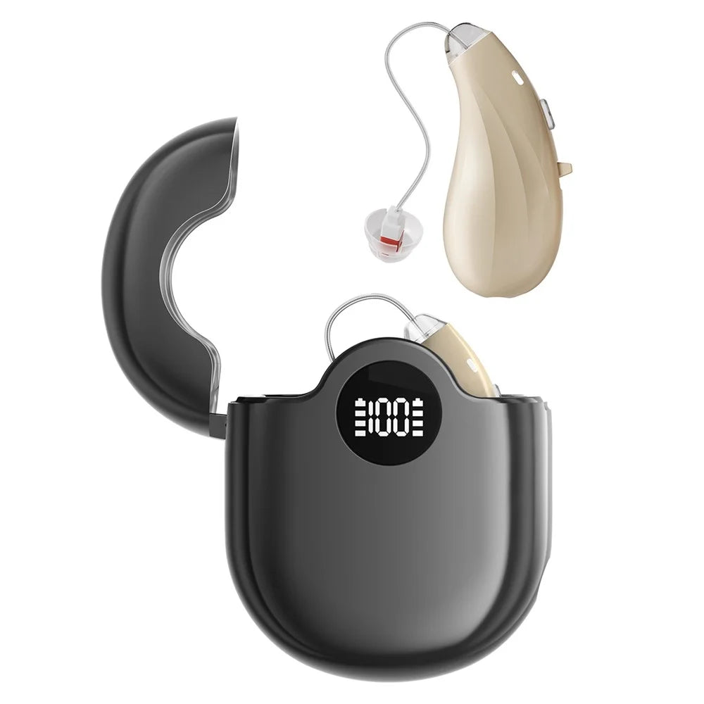 GM-362 RIC Invisible Hearing Aid Rechargeable Behind-the-Ear 16-Channel Digital Voice Sound Amplifier with Charging Case for Elderly - Beige  /  Black Case - 2