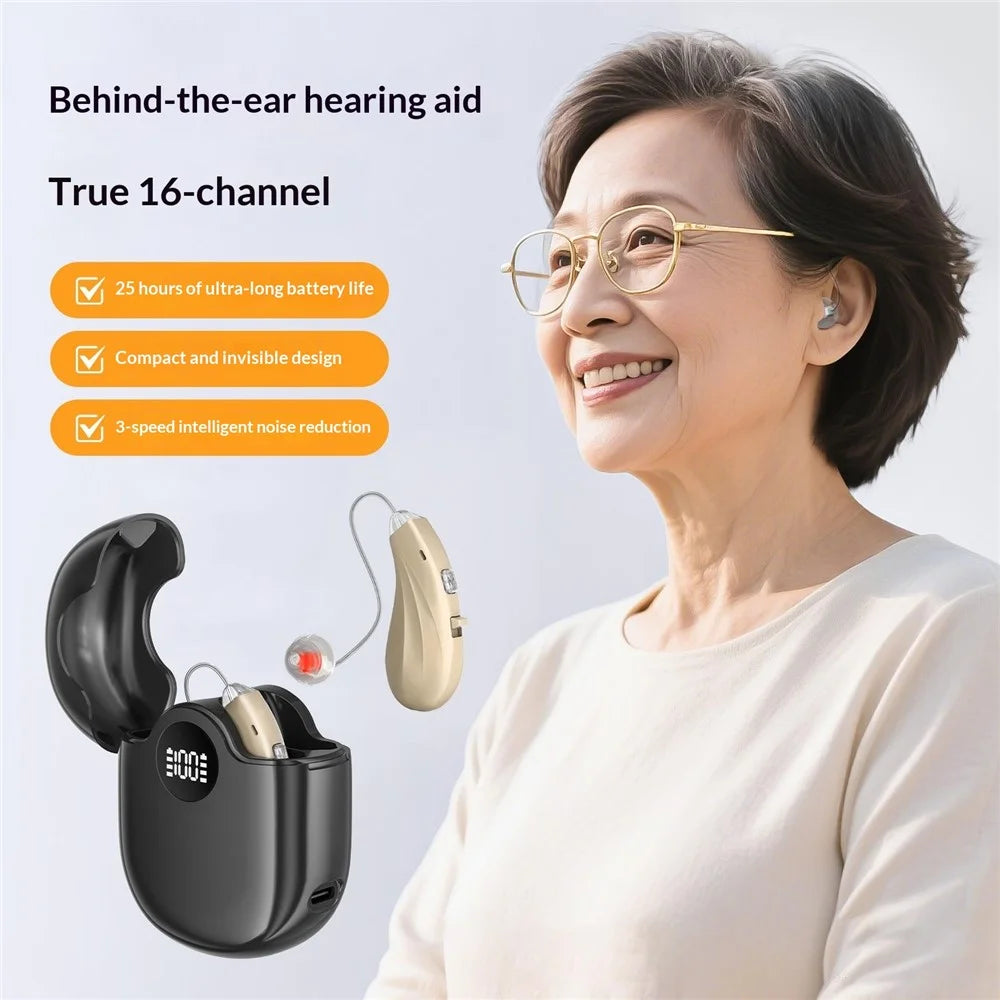 GM-362 RIC Invisible Hearing Aid Rechargeable Behind-the-Ear 16-Channel Digital Voice Sound Amplifier with Charging Case for Elderly - Beige  /  Black Case - 3