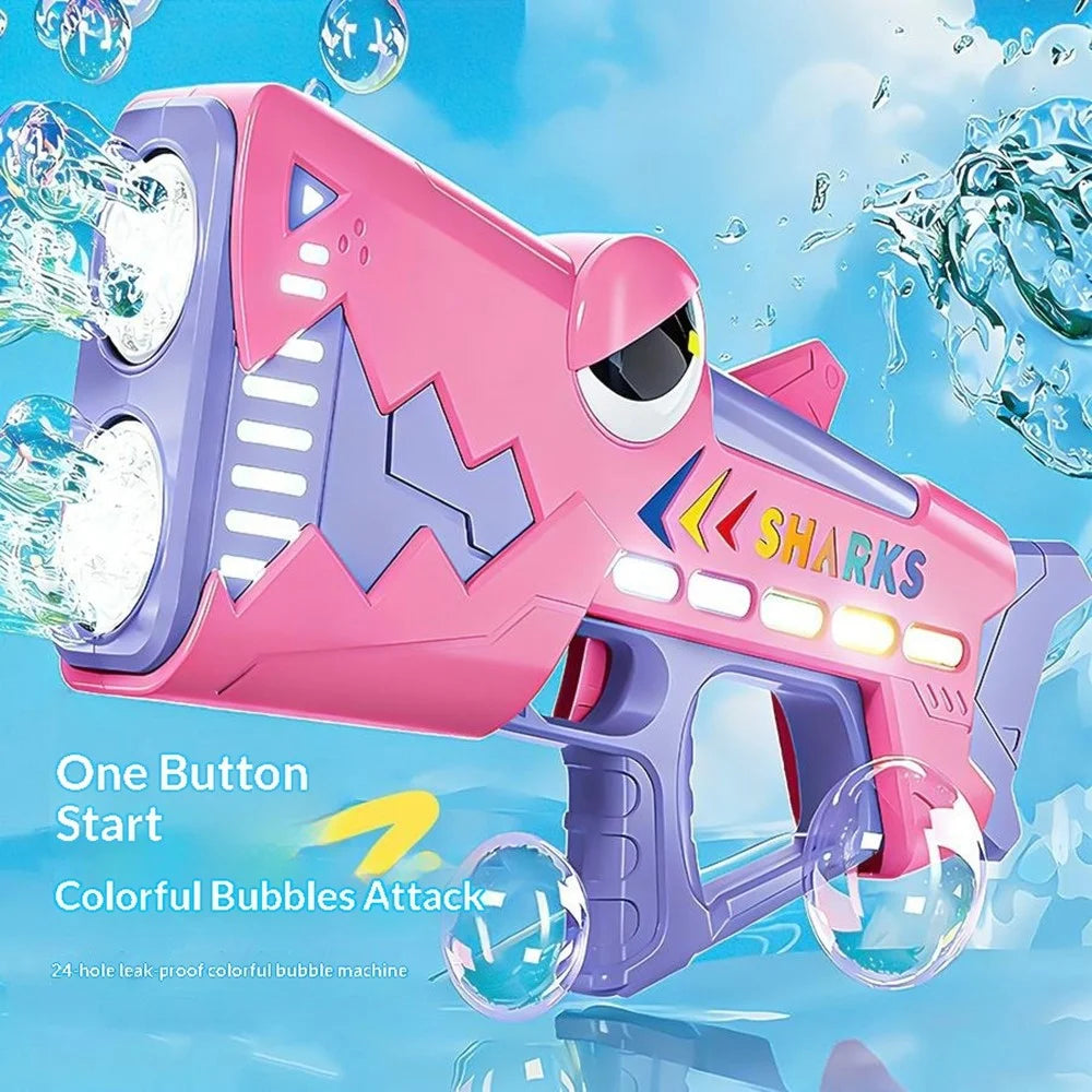 Kids Shark Electric Bubble Gun 24 Holes Automatic Light-Up Bubble Machine USB Rechargeable with Bubble Solution Bottle - Blue - 3