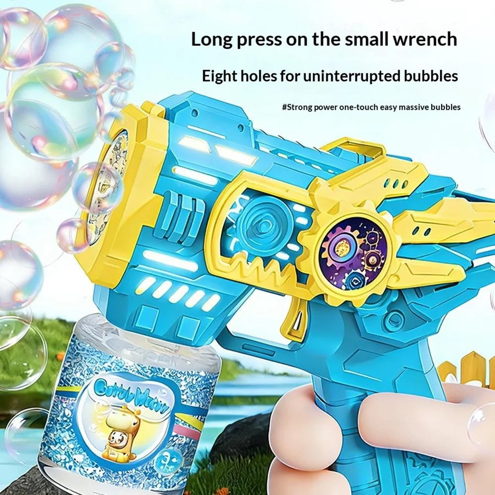 Kids Electric Bubble Gun Automatic Multi-Hole Bubble Machine with LED Lights Gear Design Outdoor Toy with Bubble Solution Bottle - Blue - 5