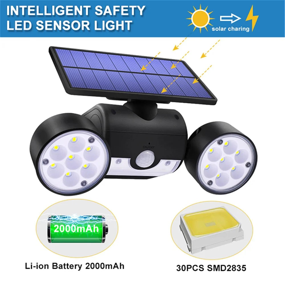 30-LED Solar Light Dual Head Solar Lamp PIR Motion Sensor Spotlight Waterproof Wall Outdoor Lights - White - 2