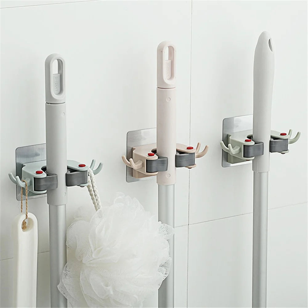 Nail-free Multi-function Mop Holder Seamless Storage Rack Brush Wall Bathroom Hanger - Beige - 2