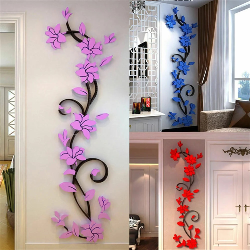 3D Acrylic Wall Sticker Removable Decal Mural Vase Flower Tree for Room Decor Gift 24*80cm - Baby Blue - 3