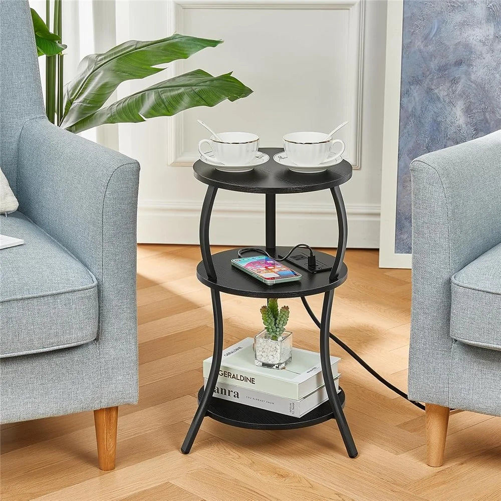 DULCII 3-Tier Round Side Table with UK Plug Power Outlet 300 x 550mm Tablet - Black Dark Walnut - 3