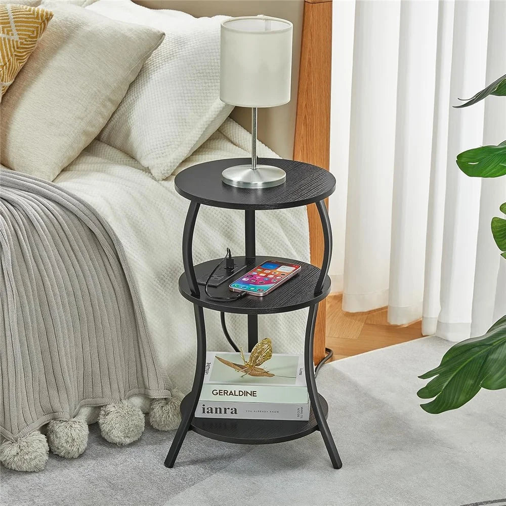 DULCII 3-Tier Round Side Table with UK Plug Power Outlet 300 x 550mm Tablet - Black Dark Walnut - 5