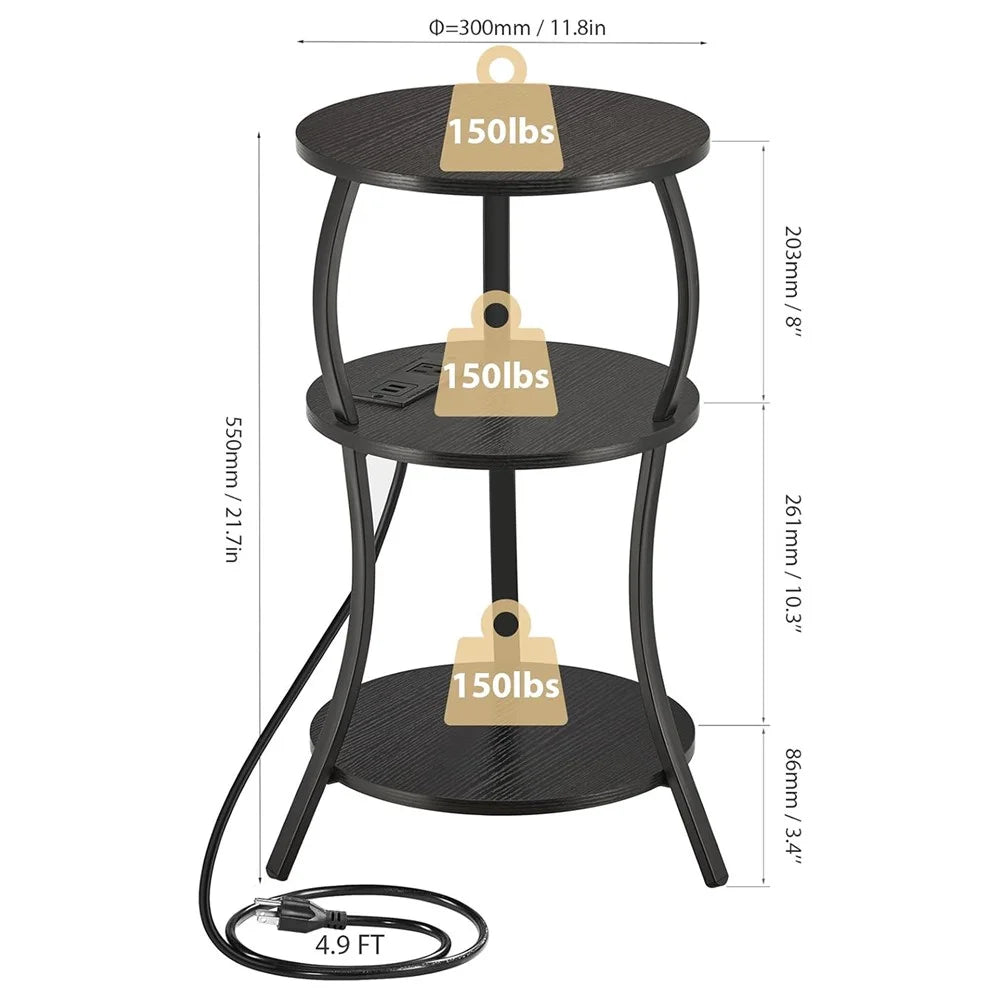 DULCII 3-Tier Round Side Table with UK Plug Power Outlet 300 x 550mm Tablet - Black Dark Walnut - 7