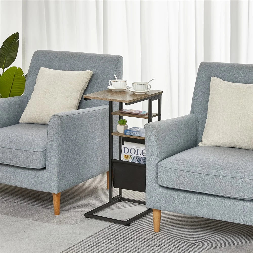 DULCII Double Column C-Shaped Side Table 40 x 30 x 71cm with Oxford Fabric Bag - Oak - 5