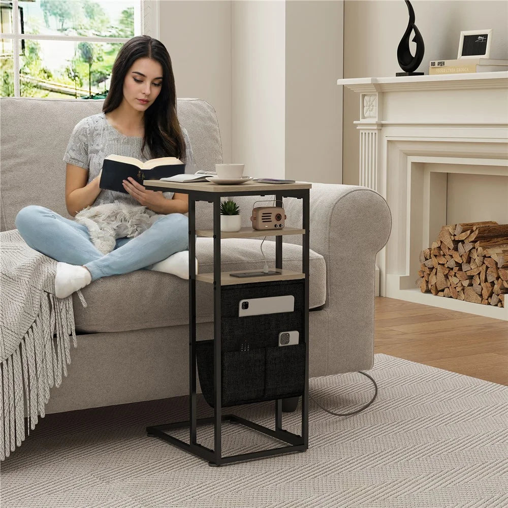 DULCII Double Column C-Shaped Side Table with Japanese Power Outlet 40 x 30 x 71cm For Home / Office Use - Oak - 5