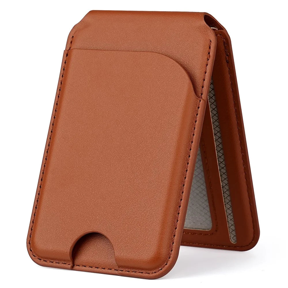 Folding Magnetic Card Holder Kickstand for Cell Phone Back Card Case RFID Blocking - Brown - 1