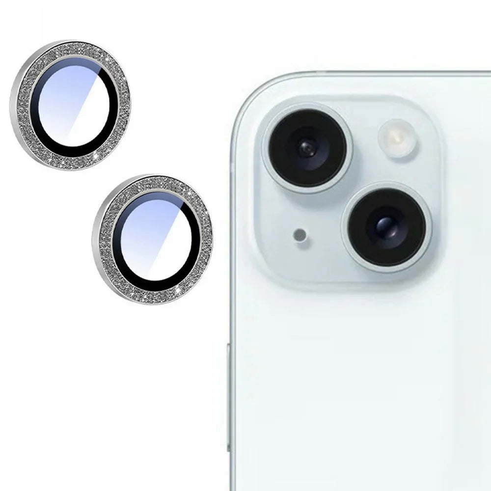 For iPhone 15 / 15 Plus Camera Lens Protector Glitter Decor Metal Frame Lens Film with Installation Tool - 1