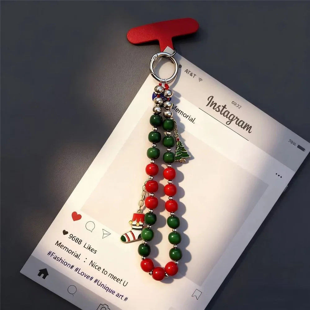 8 inch Length Handmade Beaded Christmas Phone Strap Lanyard Charm Festive Holiday Accessory Hanging Ornament Gift - Christmas Tree + Sock - 3